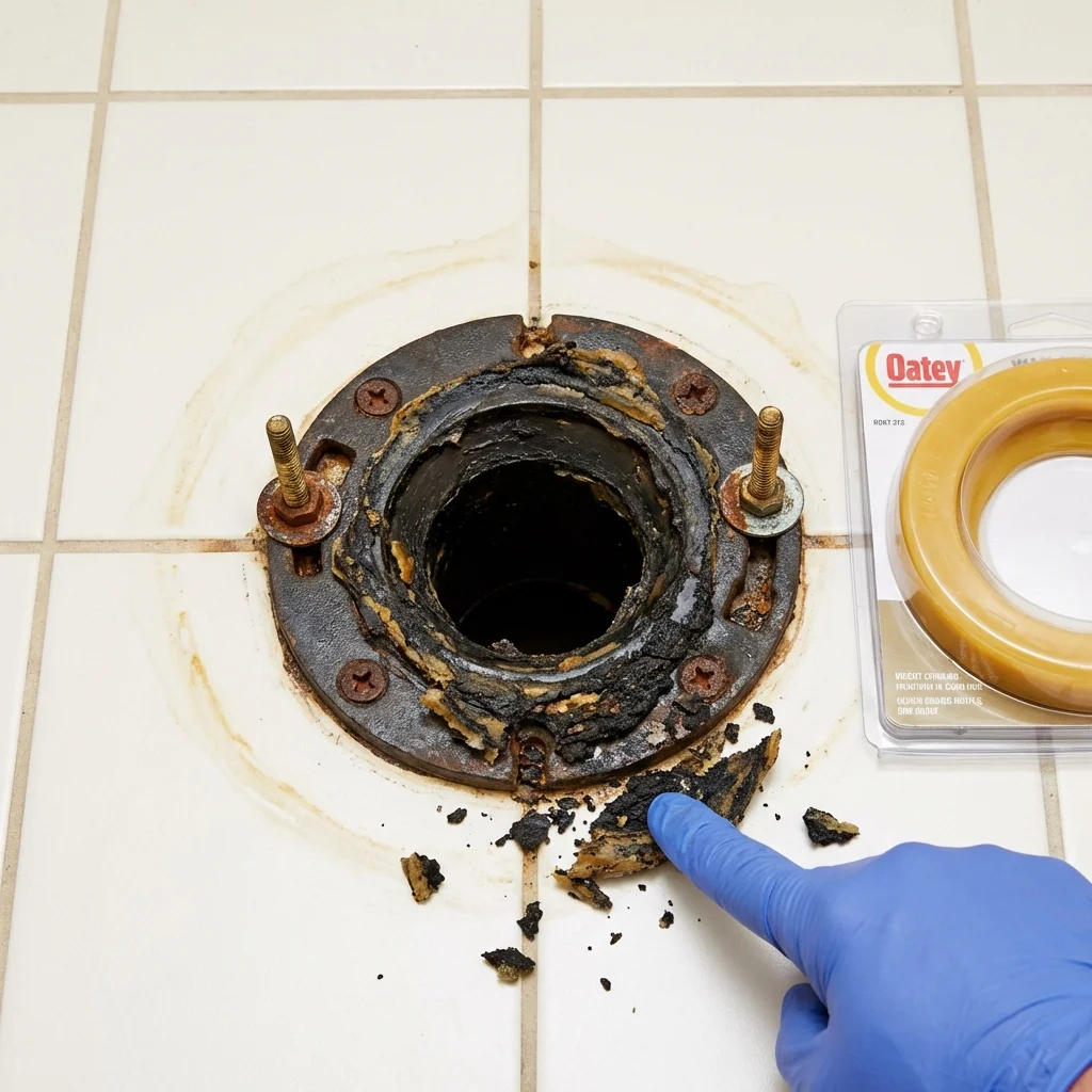 Failed wax ring showing water seepage at the base of a toilet in a Tracy City, TN home