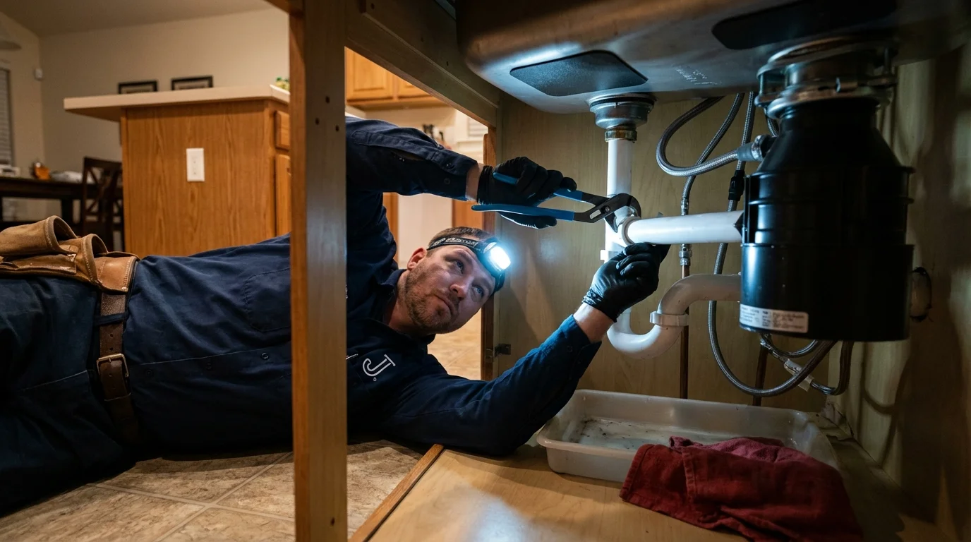 P-trap and supply line connections under a kitchen sink showing a common leak point in Tracy City, TN